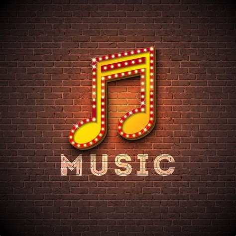 Music illustration with musical note lighting signboard on brick wall ...