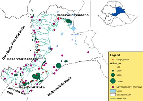 Map of Awash River Basin, highlighting the reservoir system and the ...