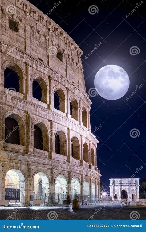 Colosseum and Full Moon, Night View Stock Image - Image of ancient ...