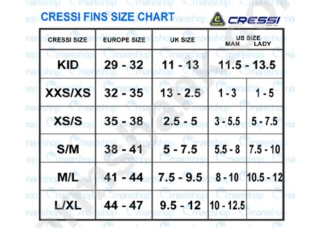 Cressi Fins Size Chart printable pdf download