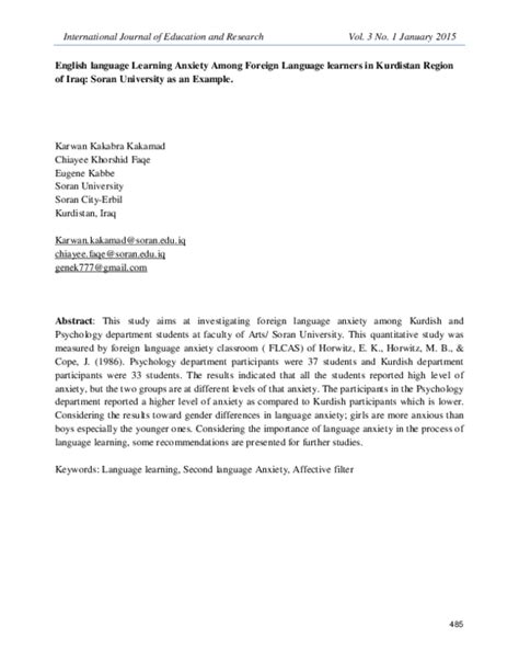 (PDF) English language Learning Anxiety Among Foreign Language learners ...