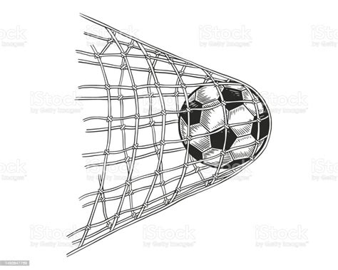 Football Soccer Ball In Goal Net Vintage Engraving Drawing Style Vector ...