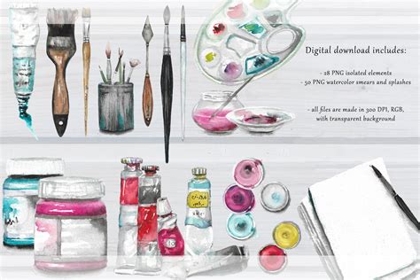 Watercolor Art Supplies And Textures Collection - Design Cuts