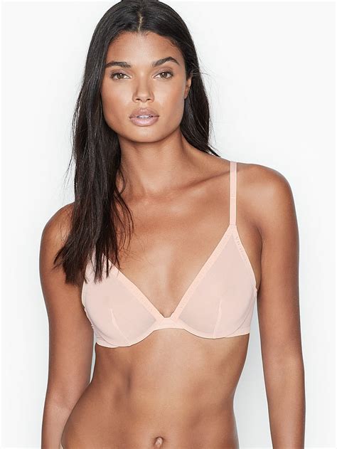 VictoriasSecret Unlined Sheer Luxe Logo Mesh Plunge Bra - 11162429-4OQP