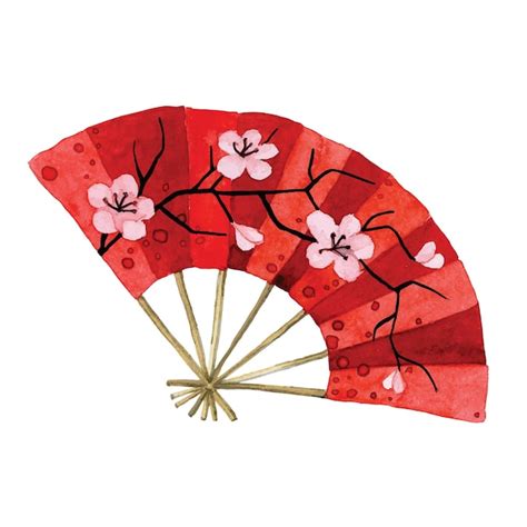 Premium Vector | Watercolor drawing. japanese fan. red fan with sakura ...