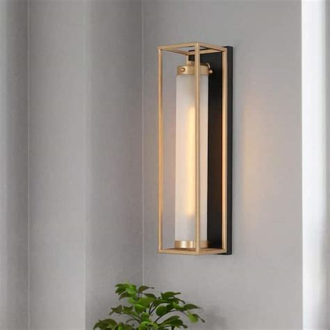 Zevni 1-Light Dark Gold Modern Wall Sconce, Frosted Glass Black Wall ...