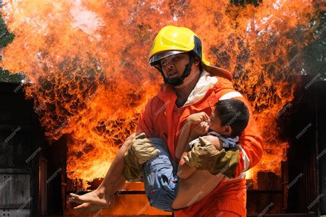 Premium Photo | Firefighter holding child boy to save him in fire and ...