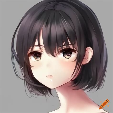 Cute anime girl, black hair, short straight hair, short bangs, slanted ...