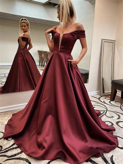 Wine red prom dress off the shoulder | Burgundy Prom Dresses | A Line ...