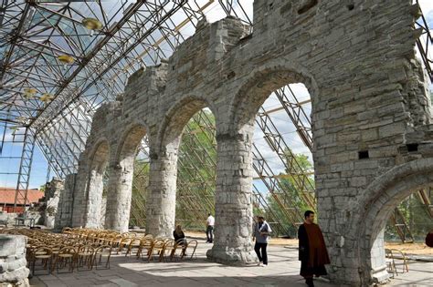 The ruins of the old Hamar Cathedral are protected from the elements by ...