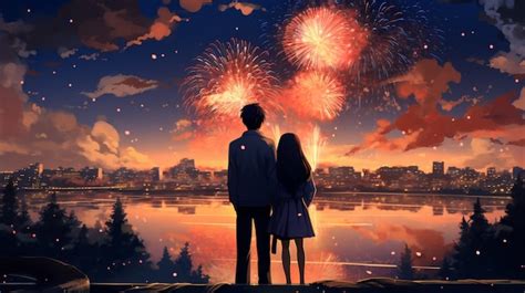 Free AI Image | Beautiful anime couple on new year's eve