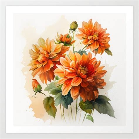 Shop Orange Dahlias Art Print by vanoverdesigns on Society6! Watercolor ...