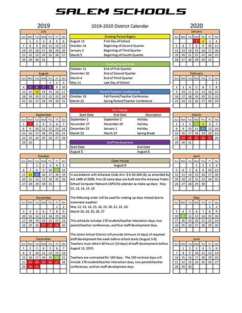 2019-2020 School Calendar - Salem School District