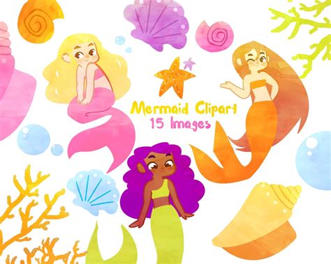 Cute Mermaid Clipart Mermaid Clip Art for Personal and | Etsy