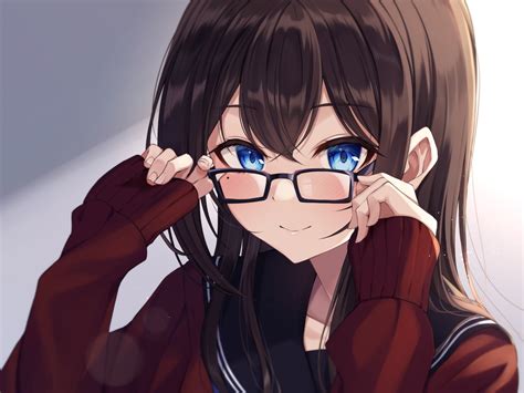 blue eyes blush brown hair close glasses gradient kurousagi yuu long ...