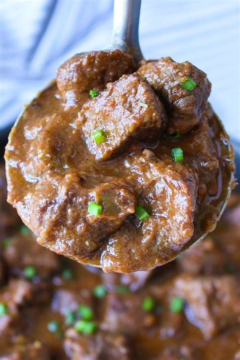 A ladle full of freshly made Mexican beef stew in a rich gravy, ready ...