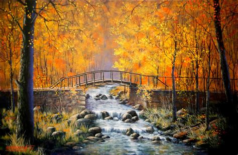 Download Stream River Forest Bridge Tree Fall Artistic Painting ...