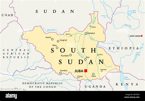 South Sudan political map with capital Juba, national borders ...