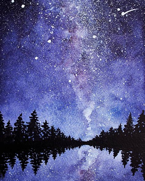 Tree Painting Original Art Night Landscape Watercolor Painting Starry ...