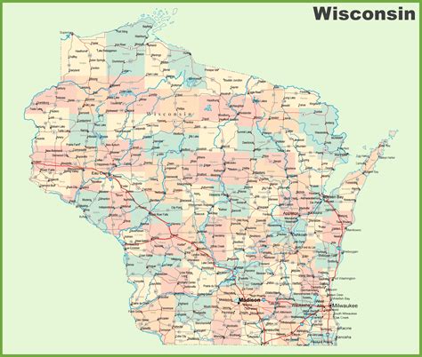 Road map of Wisconsin with cities