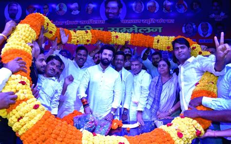 Lok Janshakti Party (R) President Chirag Paswan being garlanded by ...