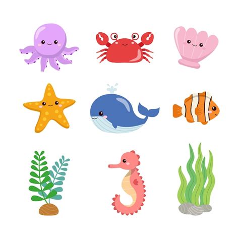 Premium Vector | Cute colorful sea creatures collection Underwater ...