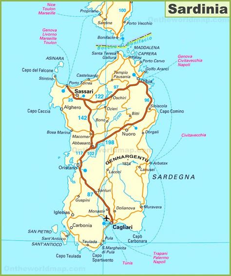 Road map of Sardinia