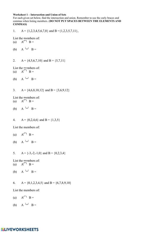 Intersection and Union of Sets worksheet | Live Worksheets - Worksheets ...