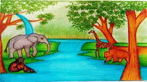 How To Draw Forest Scenery with Animals - Forest Scenery Drawing ...