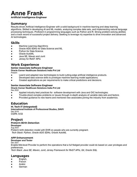 Artificial Intelligence Engineer Resume - GeeksforGeeks