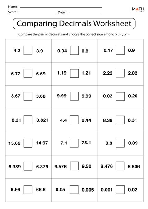 Comparing Decimals Greater Than Less Than