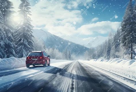 Premium Photo | The car is driving down a snowy road while the sun ...