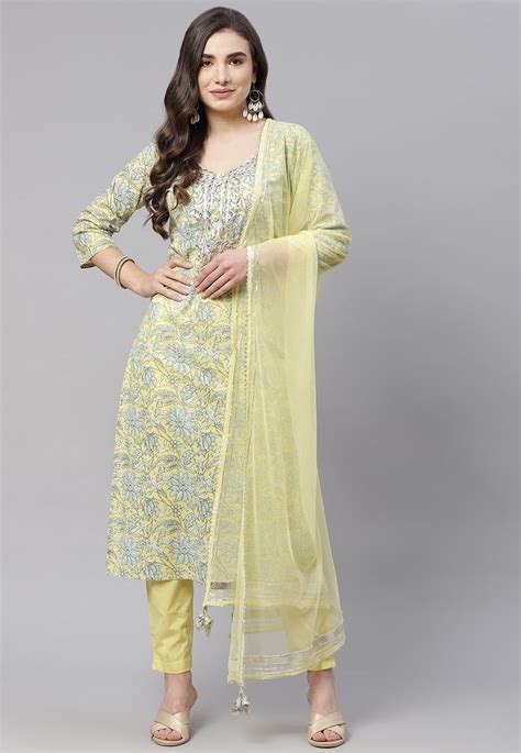 Buy Printed Cotton Pakistani Suit in Light Yellow Online : KJX31 ...