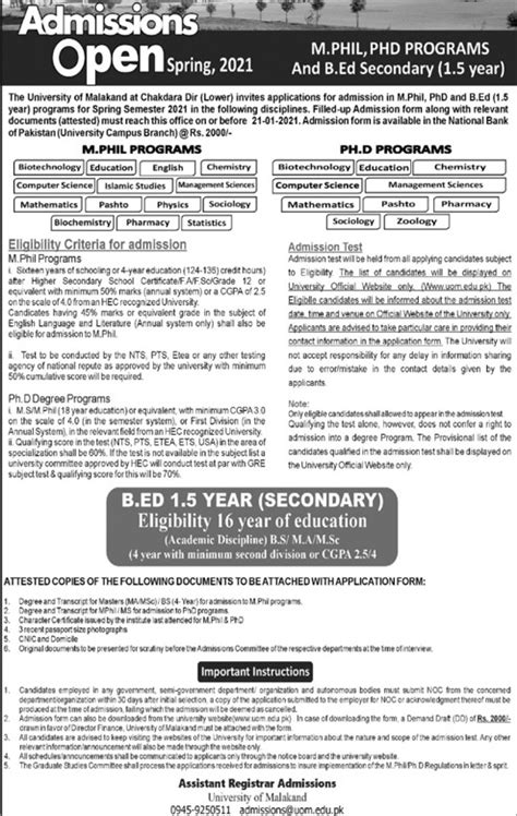 University Of Malakand Admissions 2024 Last Date