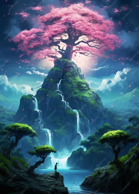 Premium AI Image | Anime landscape with a waterfall and a man standing ...