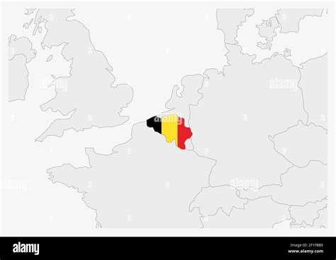 Belgium map highlighted in Belgium flag colors, gray map with ...