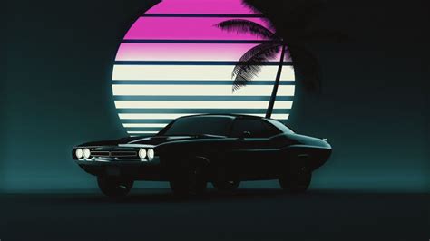 Muscle car Wallpaper 4K, Retro, Vintage car, Sunset, Neon