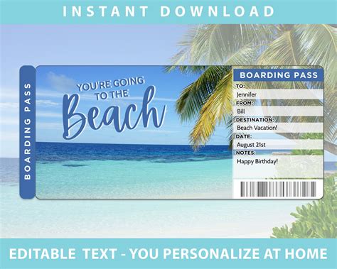 Printable Beach Vacation Ticket Boarding Pass Template - Etsy | Trip ...