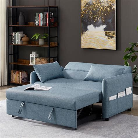 KINWELL 57 in. Blue Modern Convertible Full Size Pull Out Faux Leather ...