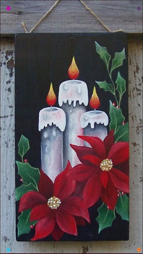 Christmas Candlespoinsettias Painted On Plywood With Acrylic Paint ...