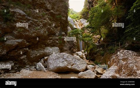 Waterfalls, boulders, Nidri harbour, Lefkada island, Lefkas, Ionian ...