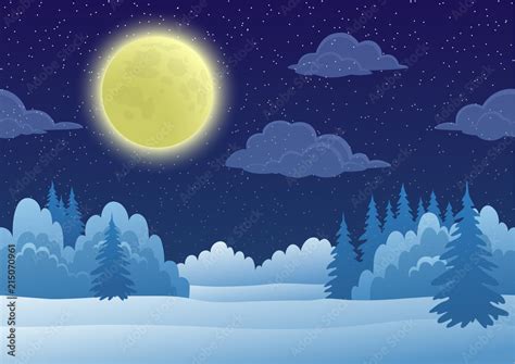 Cartoon Background, Night Landscape with Snow Winter Forest, Starry Sky ...