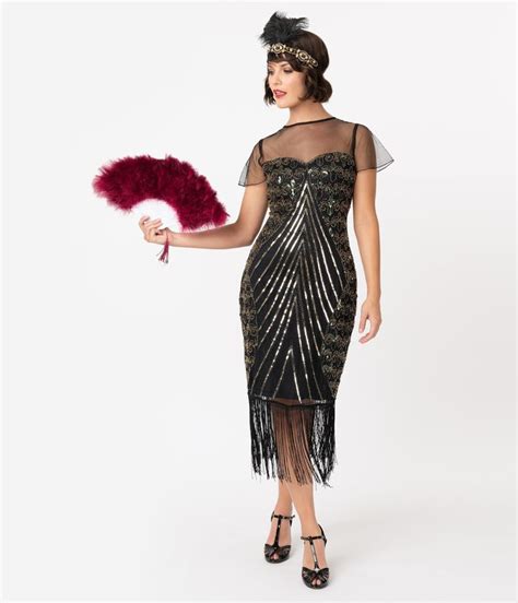 Black & Gold Beaded Cap Sleeve Rolande Fringe Flapper Dress in 2020 ...