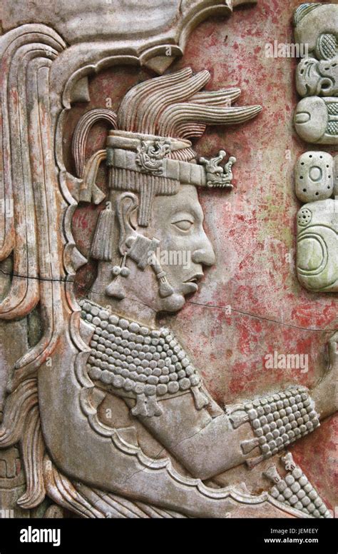 Bas-relief carving with of a Mayan king Pakal, pre-Columbian Maya ...