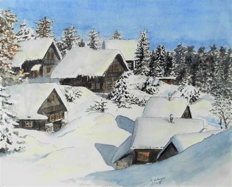 Winterliches Bergdorf - Unikate als Aquarell und Acryl kaufen - Atelier ...