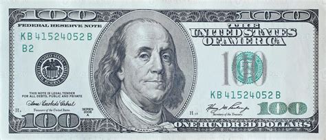 Portrait of US president Benjamin Franklin on 100 dollars banknote ...