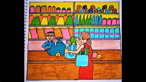 Easy drawing of supermarket grocery store for kids/ Shopping scenery ...