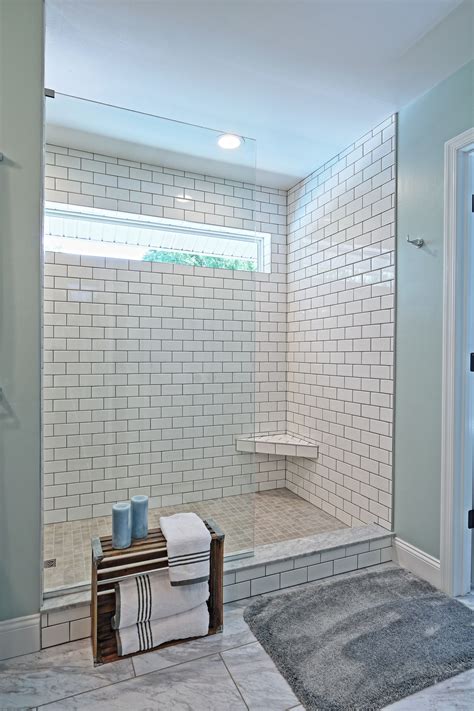 White subway tile large shower, corner floating seat, Duraceramic ...