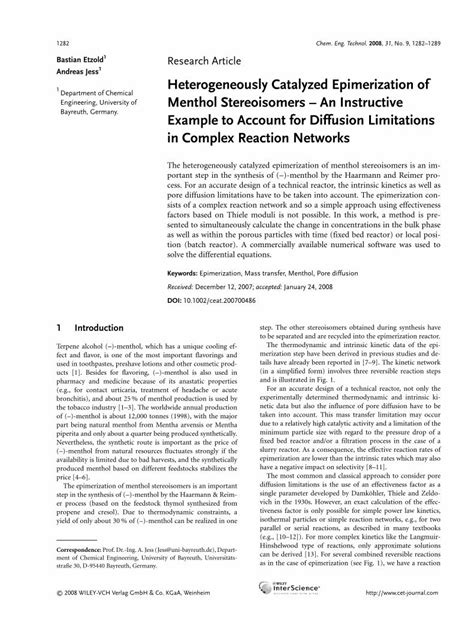 (PDF) Heterogeneously Catalyzed Epimerization of Menthol Stereoisomers ...