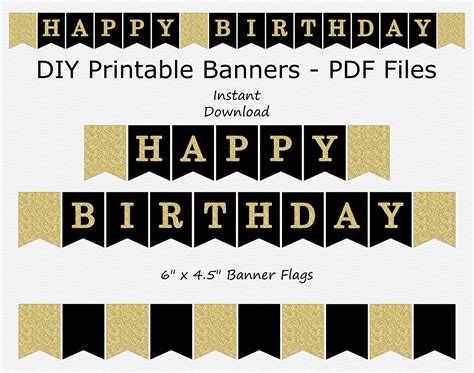 Happy Birthday Banner Black & Gold Glitter PRINTABLE